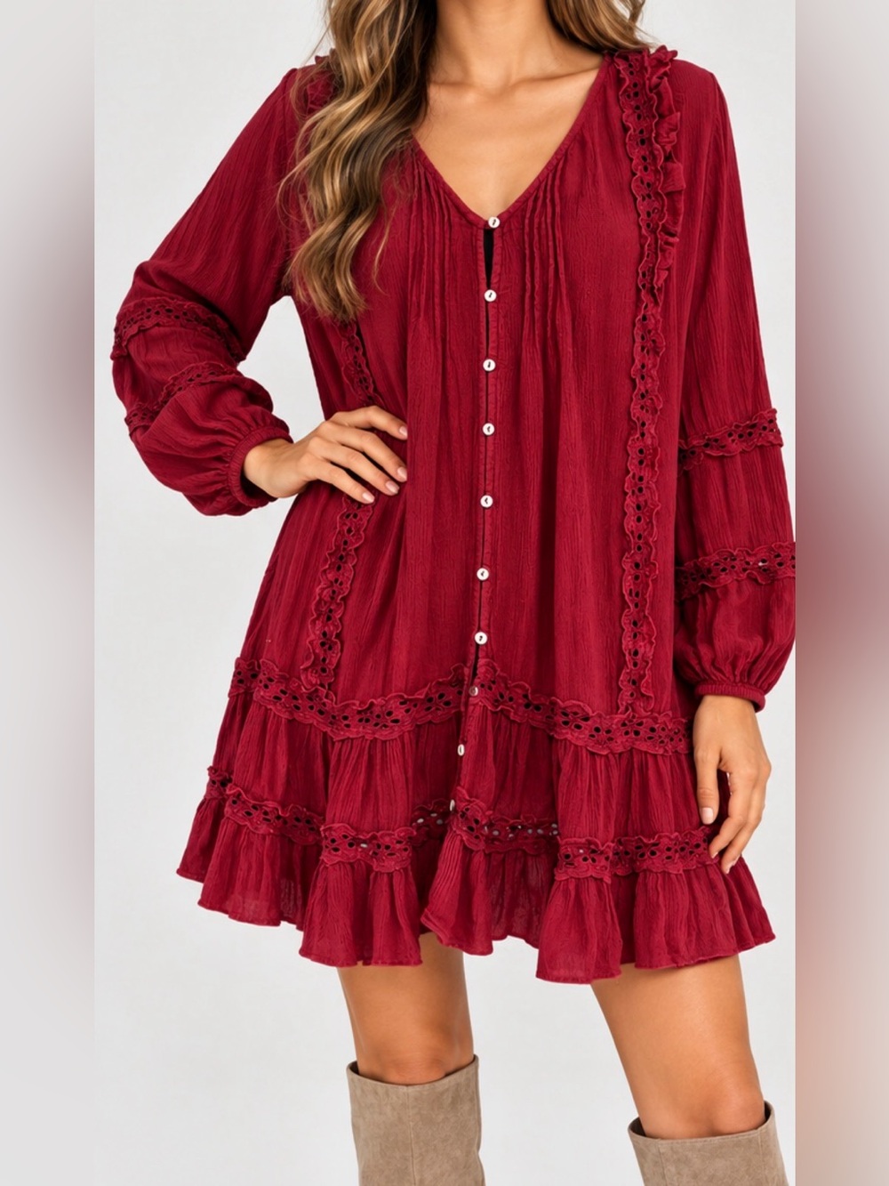 Free People Red Boho Tunic Dress Ruffle Eyelet Trim Button Front Size M.